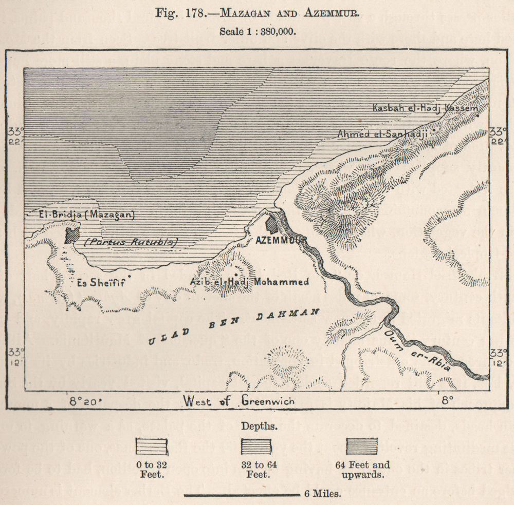 El Jadida (El Jadida) and Azemmour. Morocco 1885 old antique map plan chart